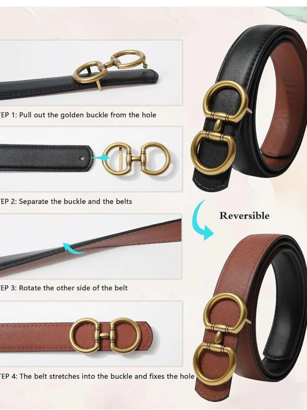 Reversible Black Cognac Belt Gold Double Ring Buckle 27 to 33